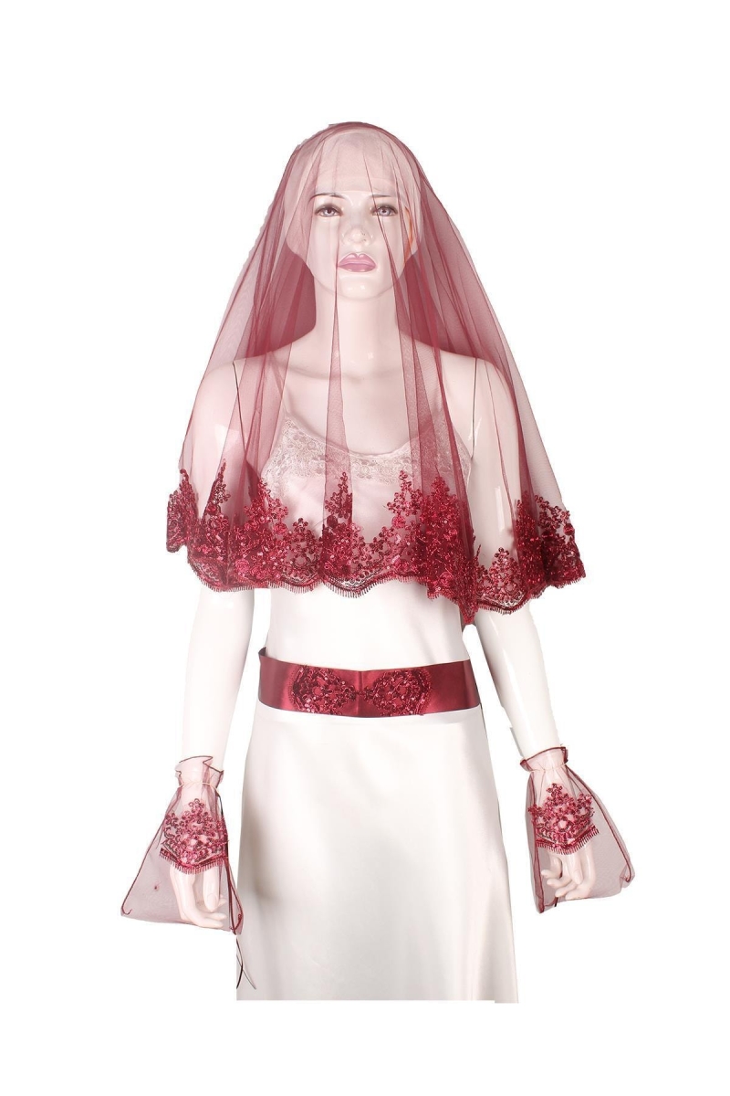 Bordo Kına Örtüsü Tel Kırma Duvak 4'lü Set