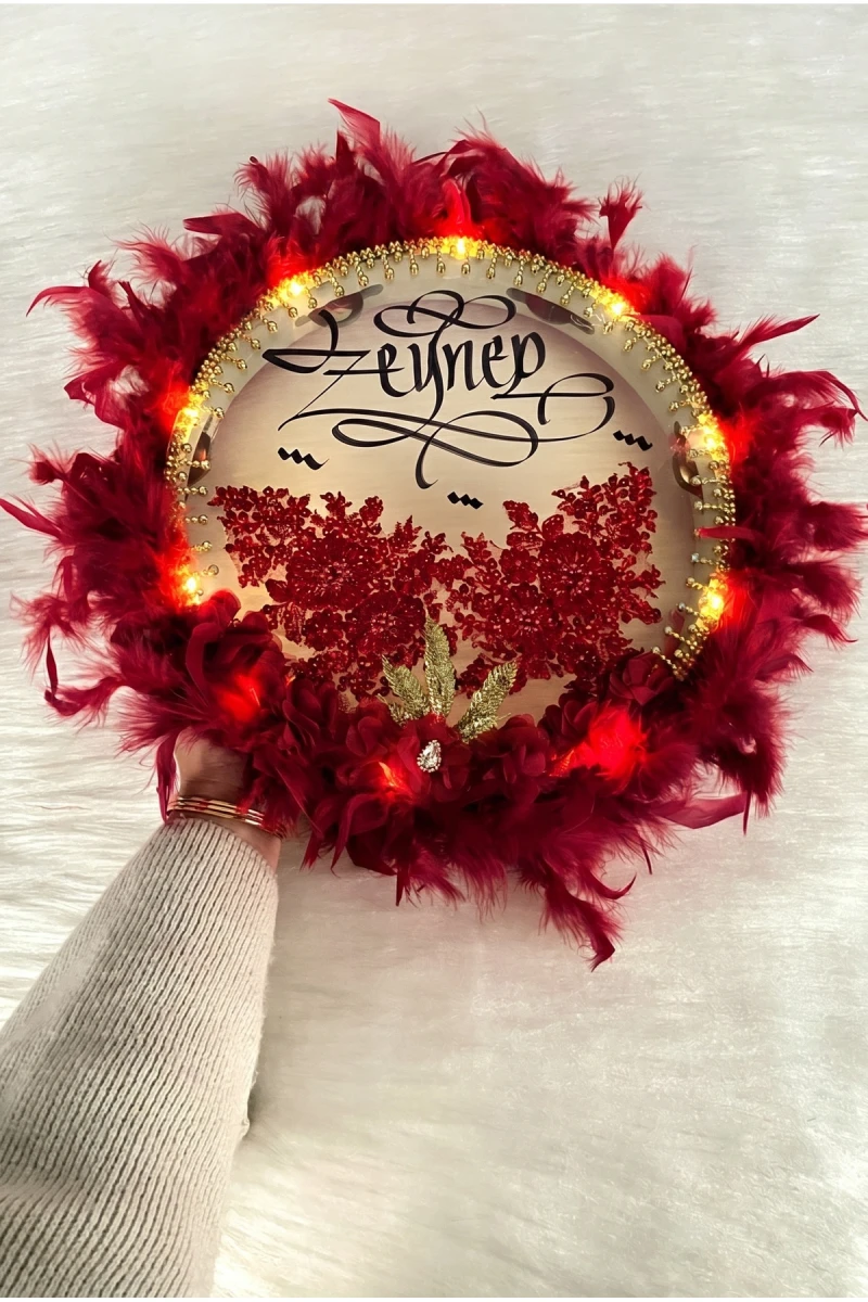 Bordo Ledli Gelin Tefi 32cm, Lüx Aplik Çiçekli Tüylü Ve Parlak Taş Süslemeli, Düğün Kına Nedime Bride Sünnet