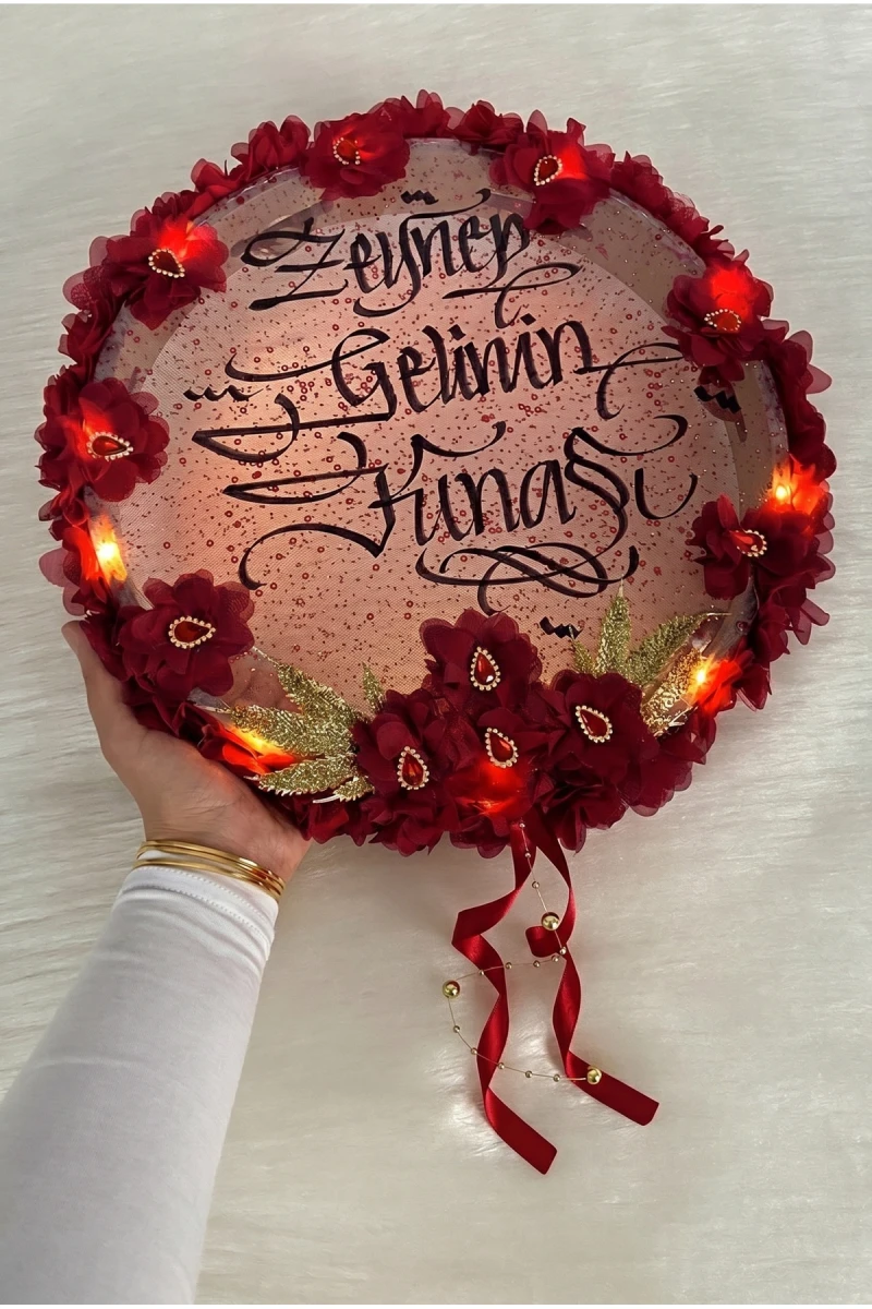 Bordo Ledli Gelin Tefi 32cm, Üç Boyutlu Çiçek Ve Parlak Taş Süslemeli Def, Düğün Kına Gecesi Nedime Bride Sünnet