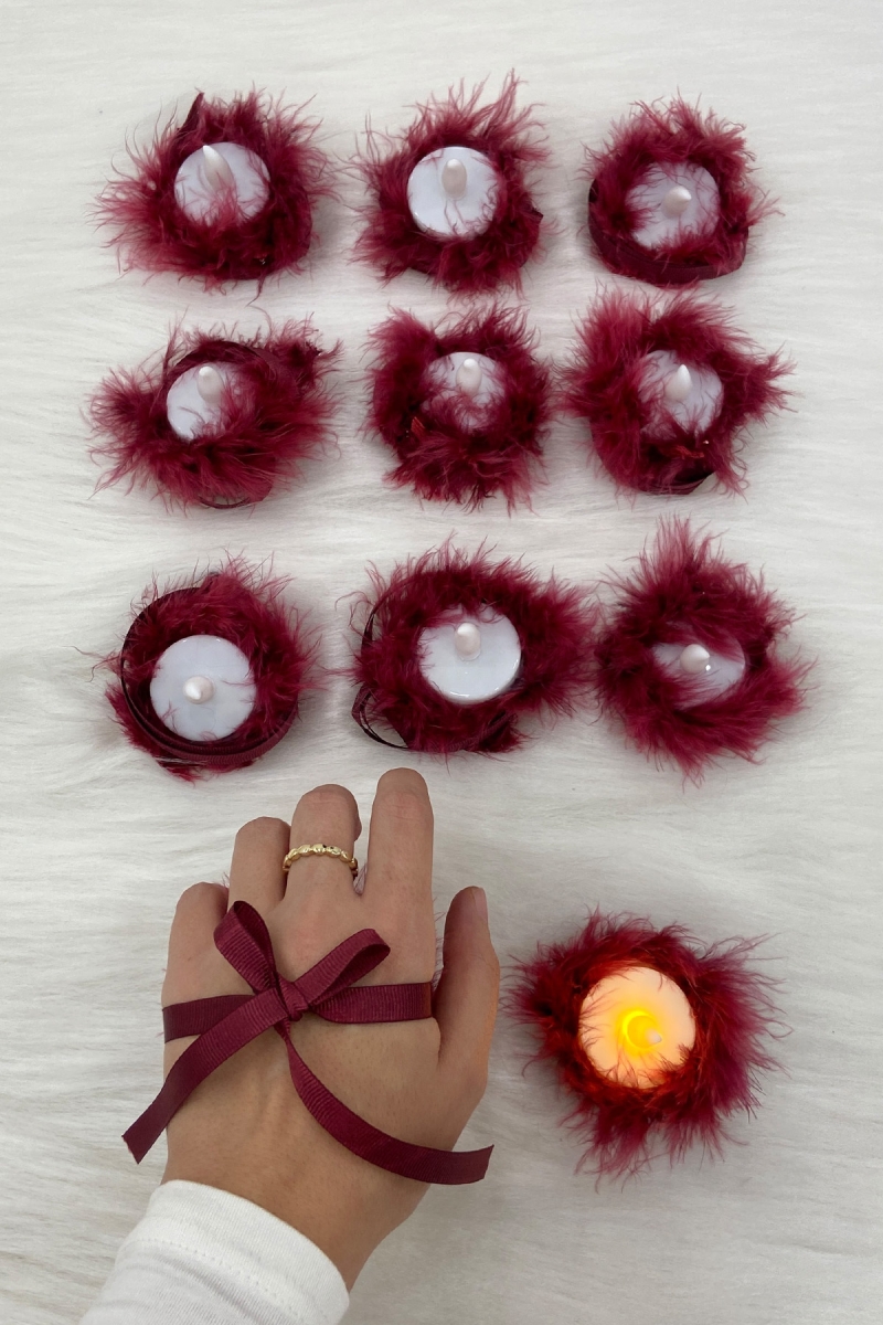 Bordo Ledli Kına El Mumu, Düğün, Nedime, Bride, Sünnet, Led Işıklı, Tealight Pilli Tüylü 12 Adet