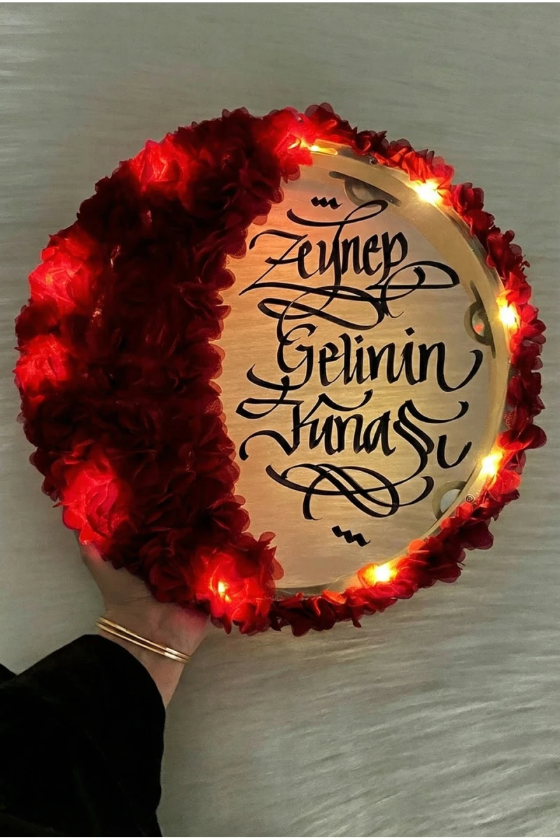Bordo Ledli Şeffaf Gelin Tefi 32cm, 3d Çiçek Süslemeli, Düğün Kına Nedime Bride Parti Defi
