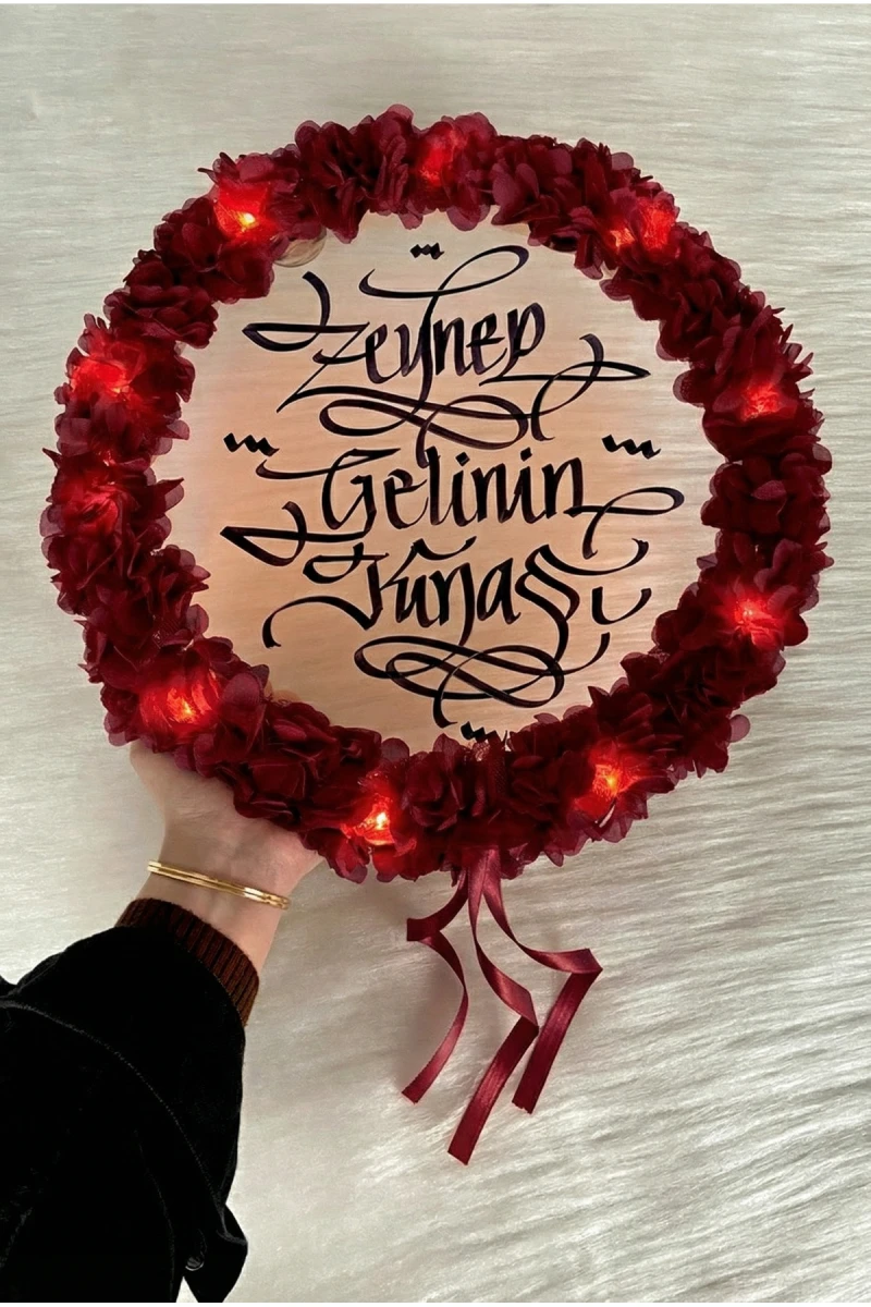 Bordo Ledli Şeffaf Gelin Tefi 32cm, 3d Çiçek Süslemeli, Düğün Sünnet Kına Nedime Bride Parti Defi
