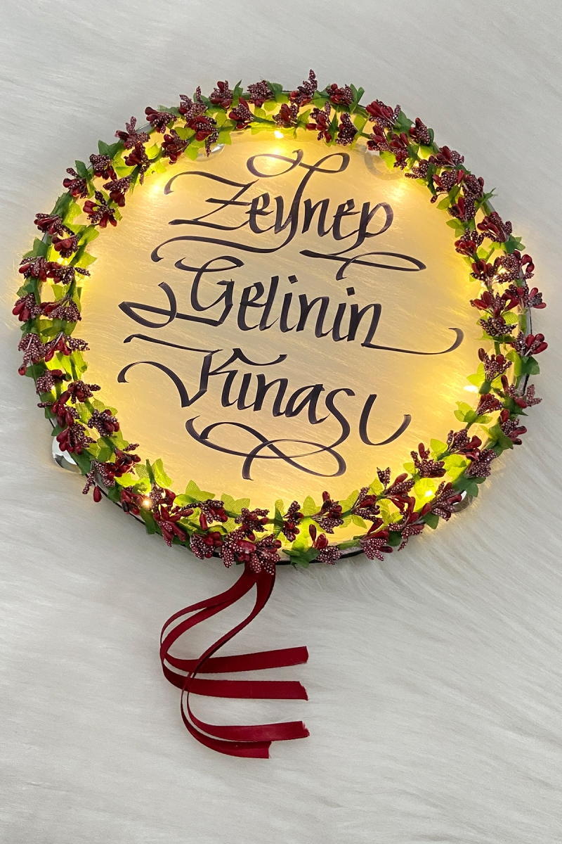 Bordo Ledli Şeffaf Gelin Tefi 32cm Cipsolu Saten Kurdele Düğün Kına Nedime Bride Parti Defi