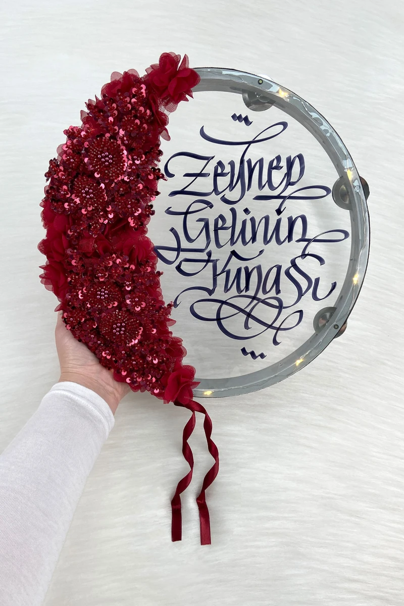 Bordo Ledli Şeffaf Gelin Tefi 32cm, Işıl Işıl Vip Güpürlü Ve 3d Çiçek Süslemeli, Düğün Sünnet Kına Nedime Bride Parti Defi