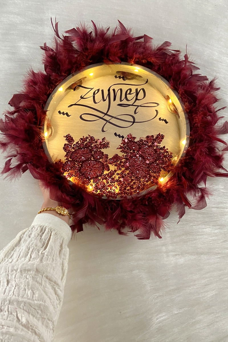 Bordo Ledli Şeffaf Kaligrafi Gelin Tefi 30cm Vip Güpürlü Ve Tüylü Düğün Kına Nedime Bride Parti