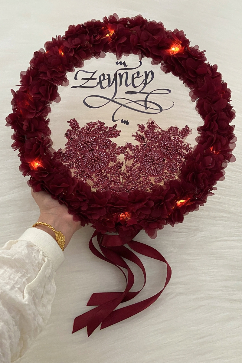 Bordo Ledli Şeffaf Kaligrafi Gelin Tefi 32cm Vip Güpürlü Ve 3d Çiçek Düğün Kına Nedime Bride Parti