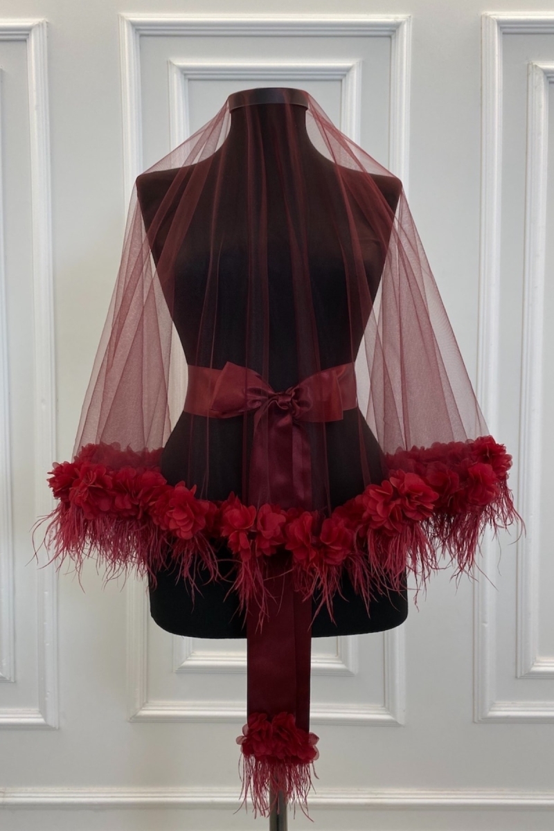 Bordo Lüks Gelin Duvak Seti, Tüy Ve Üç Boyutlu Lazer Çiçekli, Kına Duvağı Seti