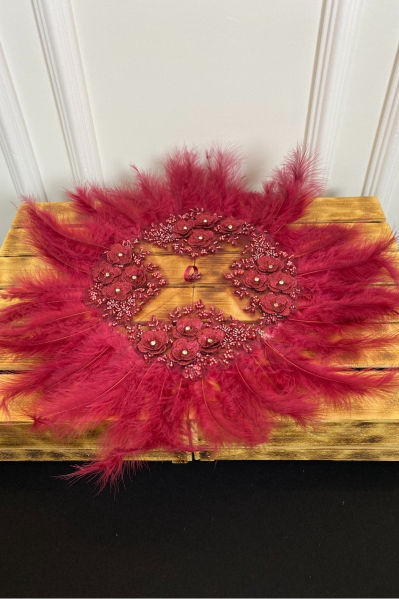 Bordo Lüks Gelin Mendili, Boncuk Inci i Taş Ve Pul Detaylı Kat Kat Çiçek Güpürlü