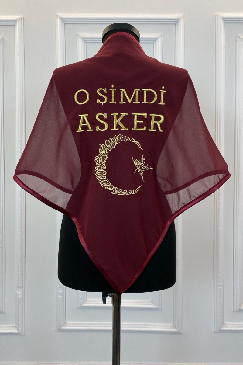 Bordo O Şimdi Asker Şalı Örtüsü, Lüks Şifon Nakışlı Kına Omuz Örtüsü Duvağı