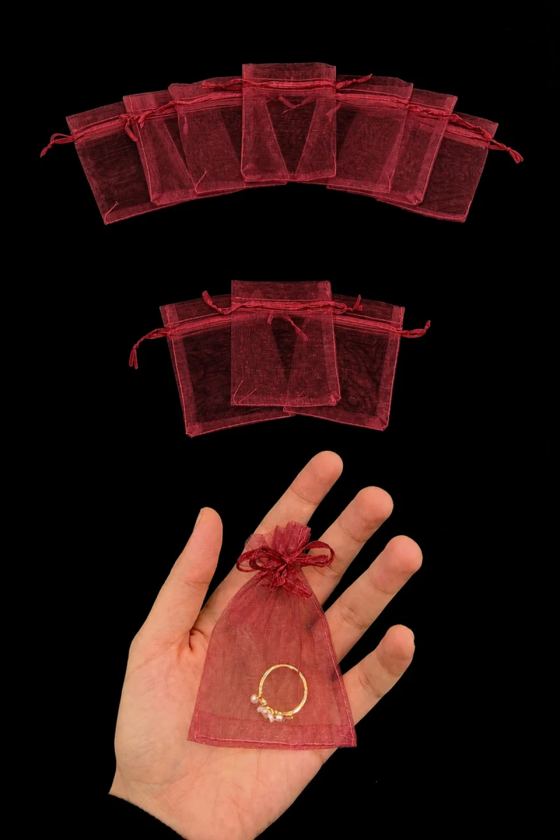 Bordo Organze Şeffaf Tül Kese 100 Adet Ölçü 7X9cm, Büzgülü Altın Takı Özel Gün Lavanta Hediye Sabun Mum Bohça Hobi Çerez Kuruyemiş Kesesi Kına Gecesi 
