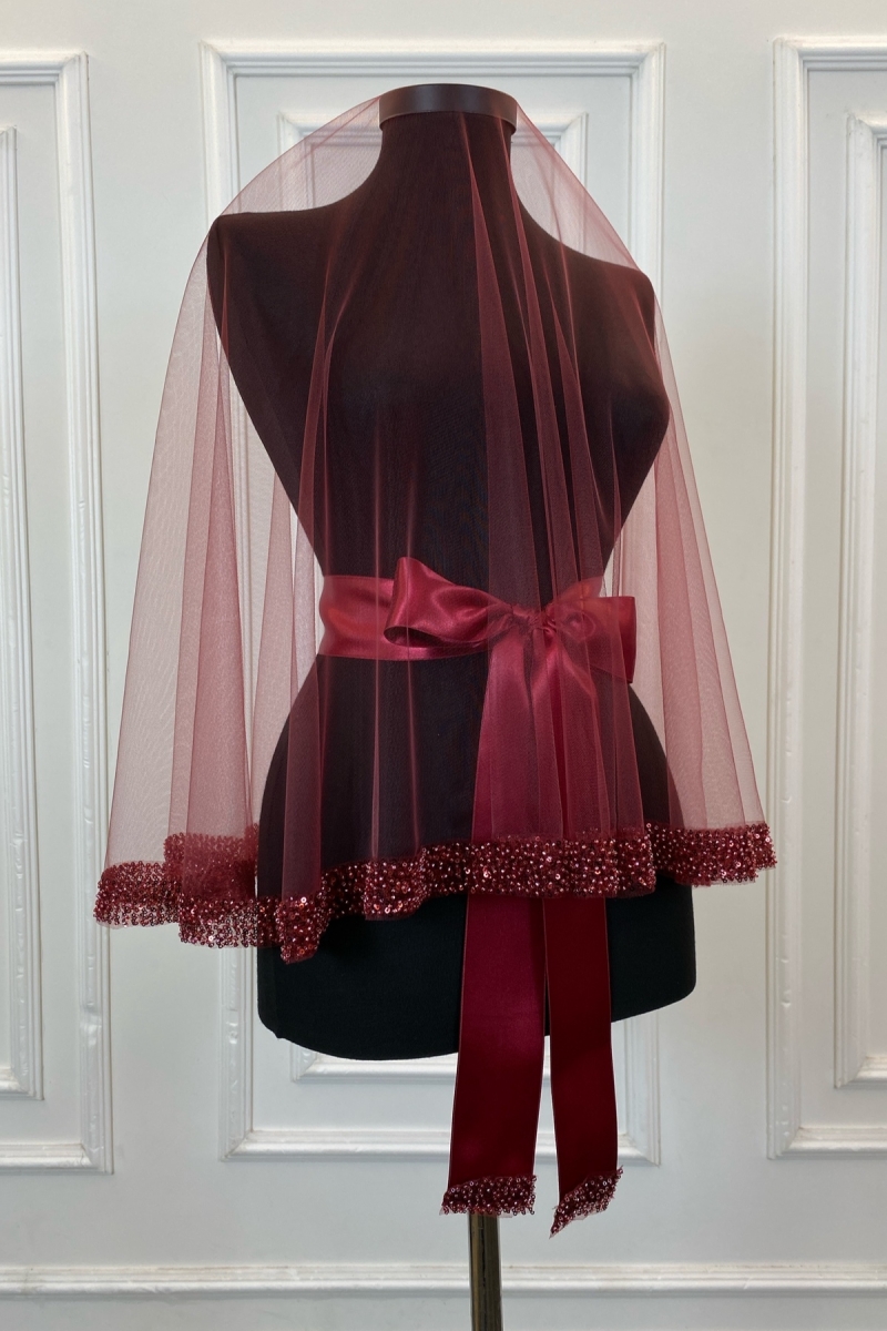 Bordo Orkide Gelin Duvak Seti, Su Taşlı Kına Duvağı Seti 6 Parça,