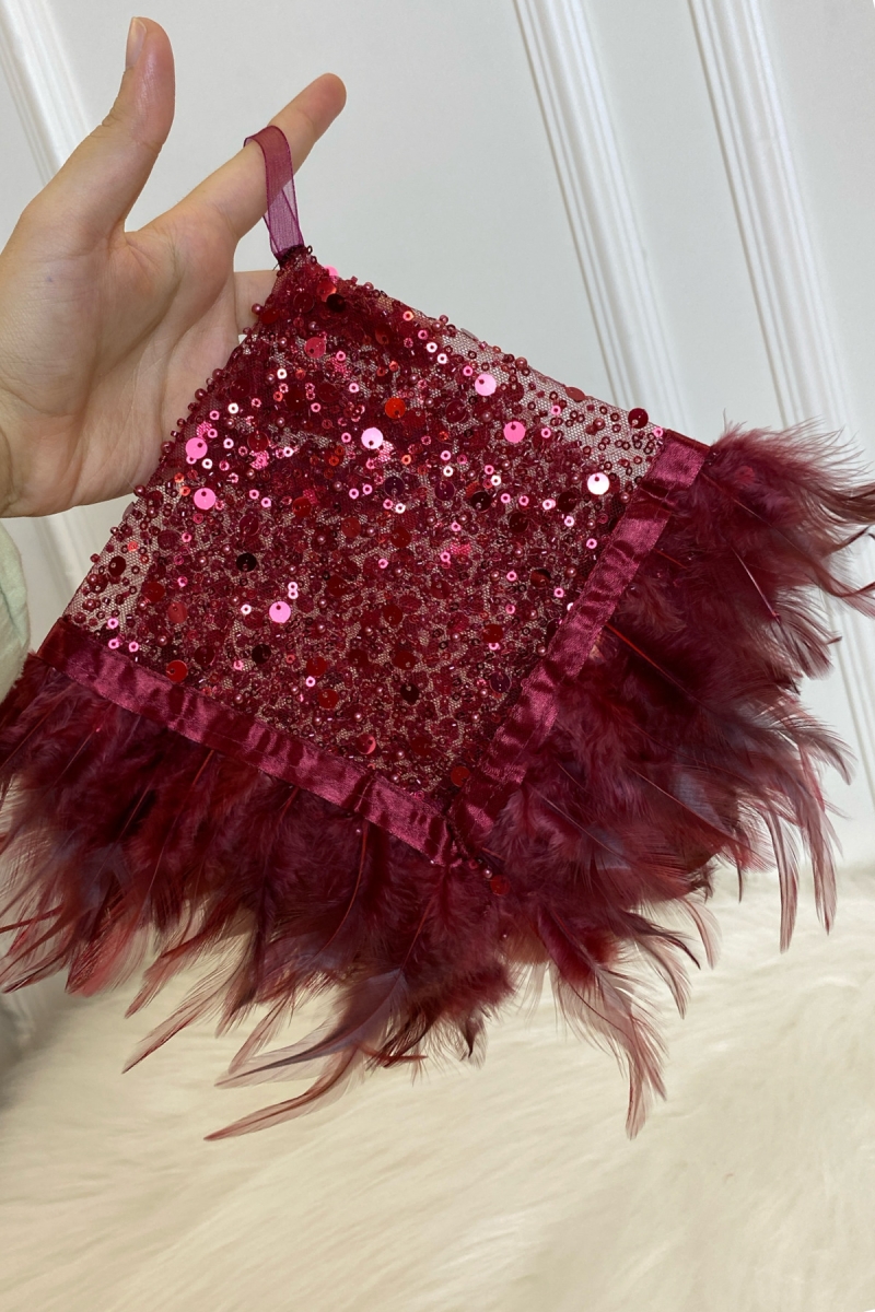 Bordo Otantik Vip Gelin Mendili, Arnavut Halay El Mendili, Boncuk Inci Pul Ve Tüy Detaylı