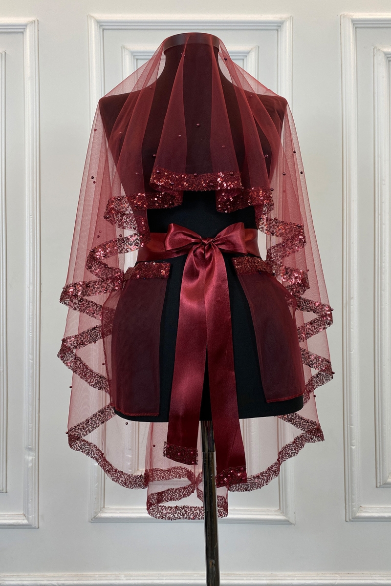 Bordo Pul Payet ve İncili Gelin Duvak Seti, Kına Gecesi Duvağı Alı Örtüsü 6 Parça