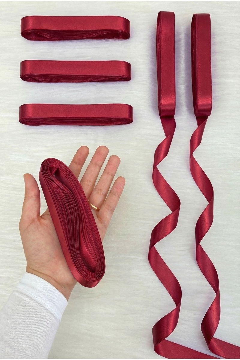 Bordo Saten Kurdele 2 Cm 10 Metre, Bohça Çeyiz Nikah Kına Sünnet Söz Doğum Günü Parti Hediye Süsleme