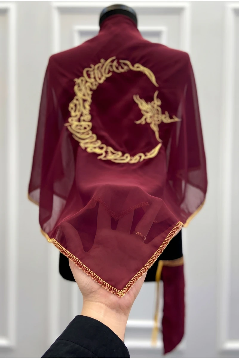 Kare Bordo Şifon Damat Omuz Örtüsü, Gold Ayyıldız Nakışlı Sim Kenar, Sağdıç Nedime Kına Asker Duvağı