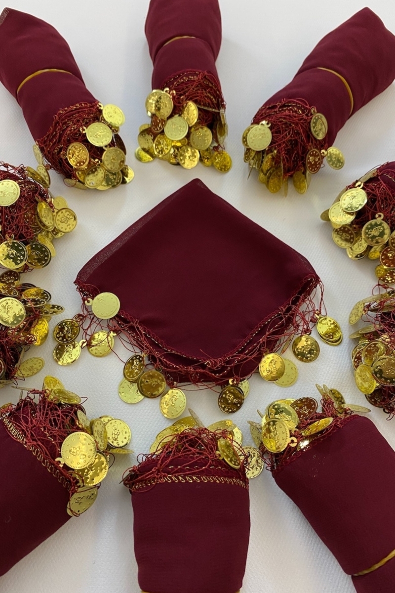 Bordo Şifon Gelin Damat Halay Mendili, Hediye Mendil 1 Adet, Düğün Kına Sünnet Nişan Sünnet