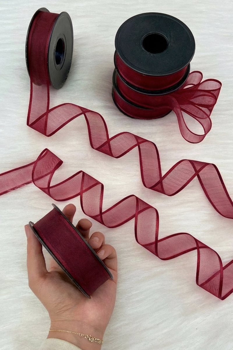 Bordo Şifon Kurdele 2,5 cm 20 mt, Gelin, Damat, Bohça, Nişan, Çeyiz, Özel Gün, Hediye, Düğün, Süsü