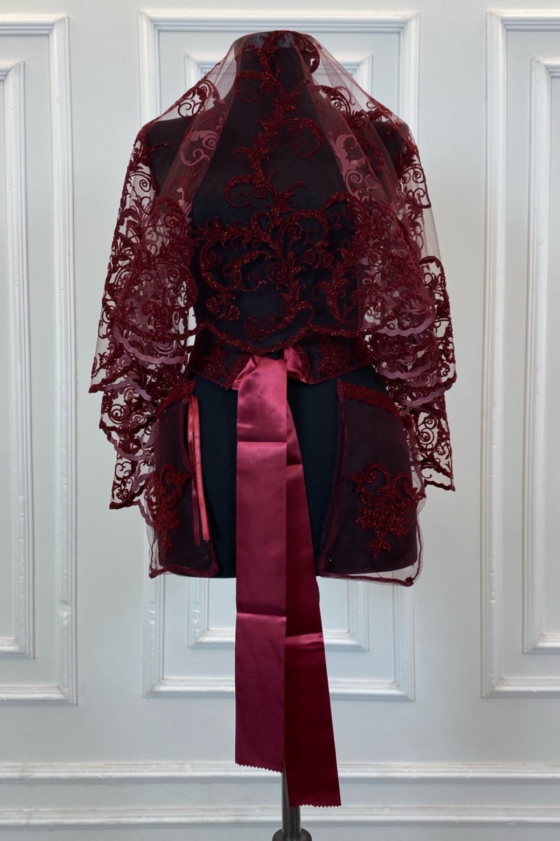 Bordo Simli Komple Uzun Desenli Gelin Duvak Seti, Kına Duvağı