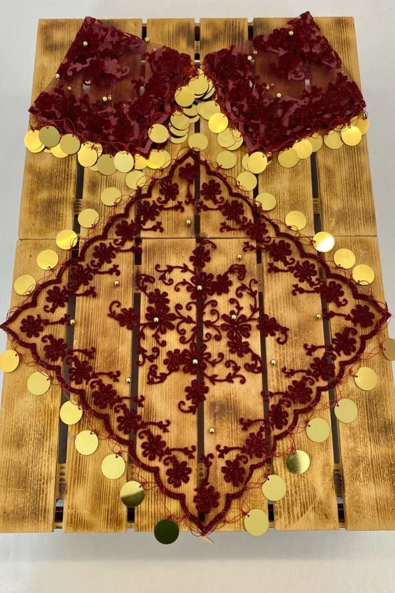 Bordo Simli Pullu Incili Halay Mendili, Gelin Mendili, Hediyelik Mendil 5 Adet