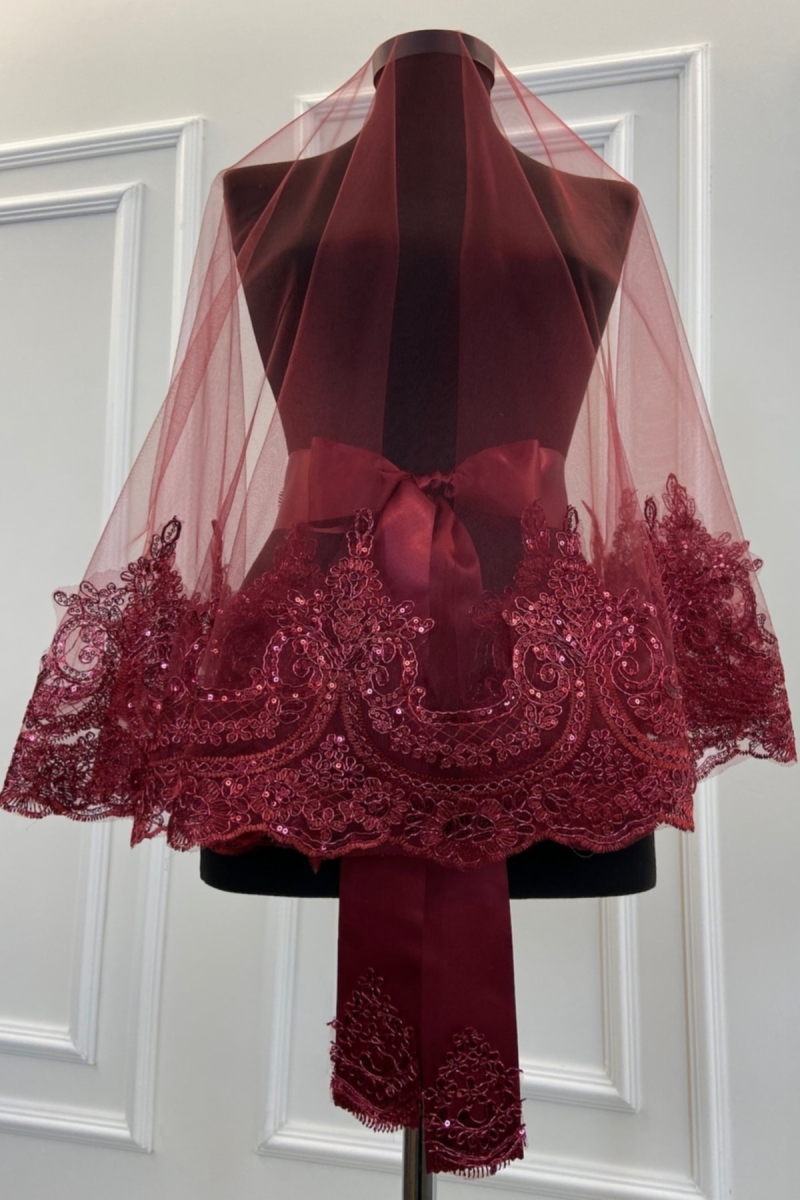 Bordo Sultan Desen Işıl Işıl Güpürlü Gelin Duvak Seti