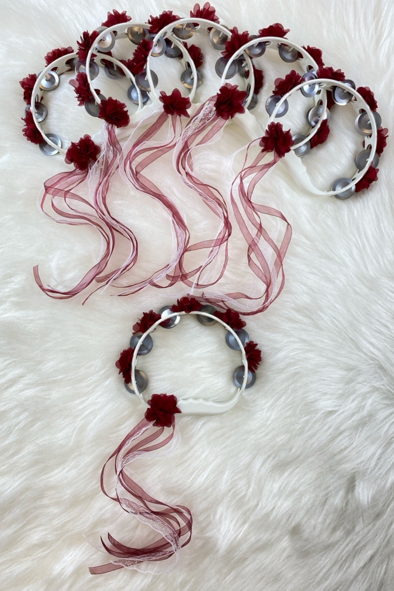 Bordo Süslü Gelin Nedime Kına Gecesi Sünnet Düğün Tefi, Üç Boyut Lazer Çiçek Ve Kurdele Süslü 5 Adet