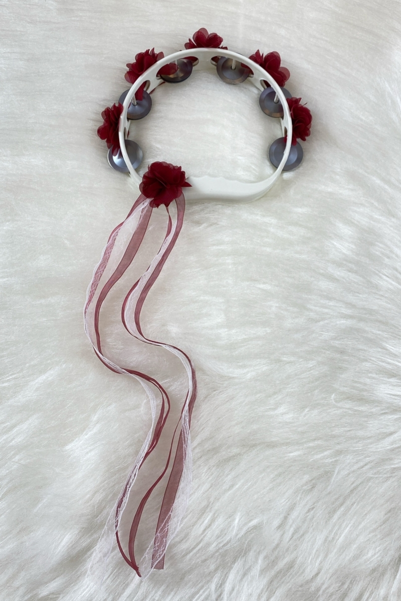 Bordo Süslü Gelin Nedime Kına Gecesi Tefi, Üç Boyut Lazer Çiçek ve Kurdele Detaylı Tef 1 Adet