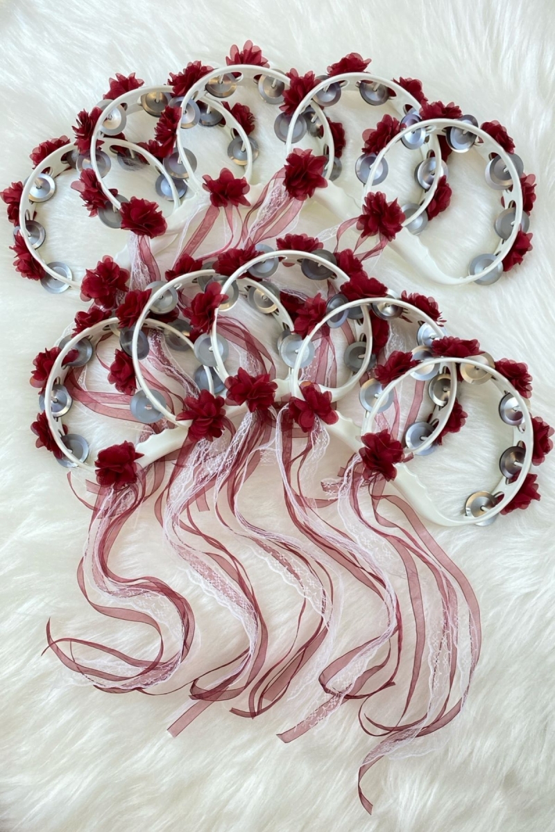 Bordo Süslü Gelin Nedime Kına Gecesi Tefi, Üç Boyut Lazer Çiçek ve Kurdele Detaylı Tef 10 Adet