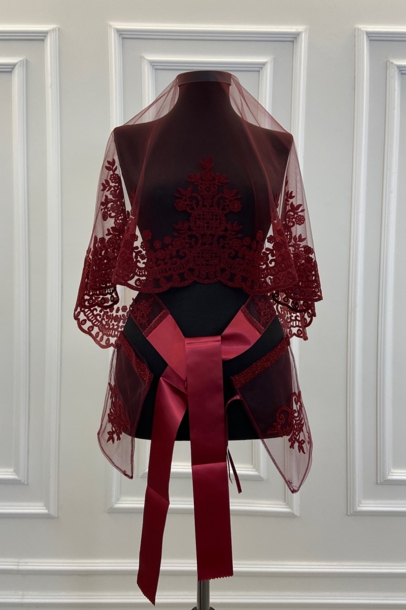 Bordo Taç Desen Flok Baskı Simli Gelin Duvak Kuşak Eldiven Set