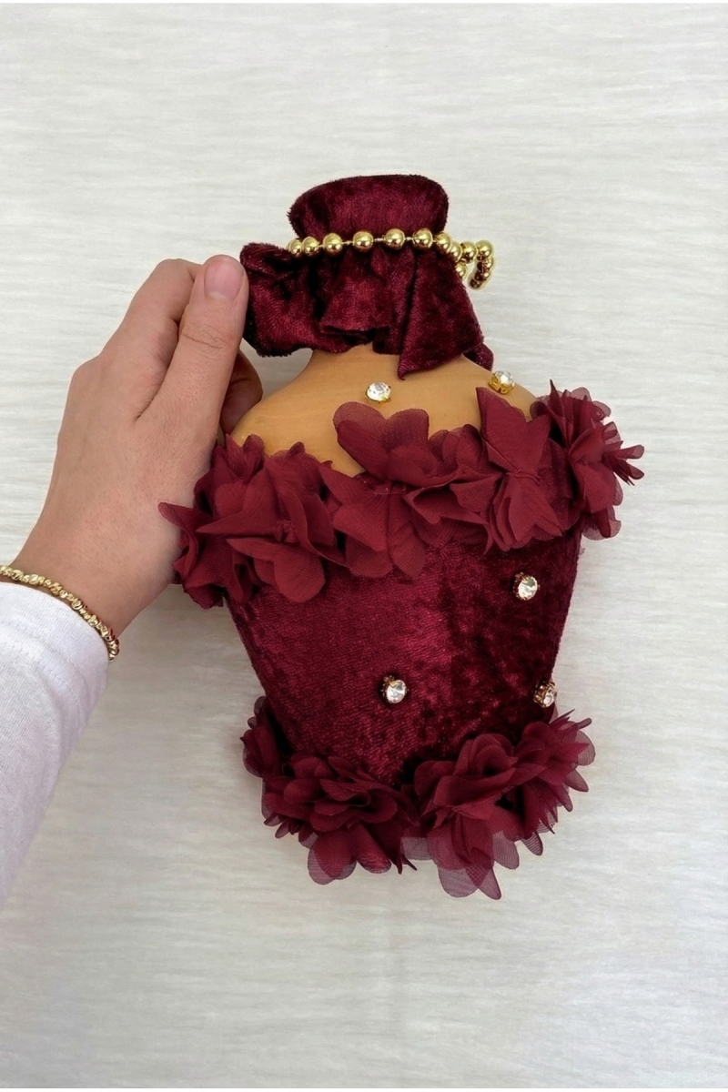 Bordo Testi, Kadife Ve Çiçek Süslü Gelin Kına Gecesi Testisi, Düğün Kına Küpü, Toprak Testi