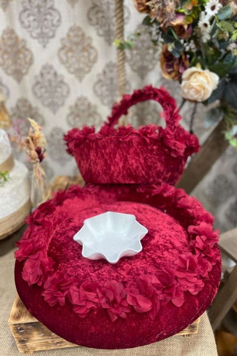 Bordo Üç Boyutlu Kına Tepsi Ve Sepeti Kına Gecesi Malzemeleri