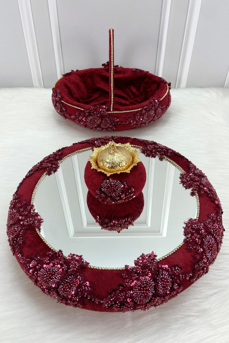 Bordo Vip Aplikli Aynalı Kadife Kına Gecesi Tepsi Sepet Gelin Takımı, Nişan Nikah Düğün Söz Sünnet