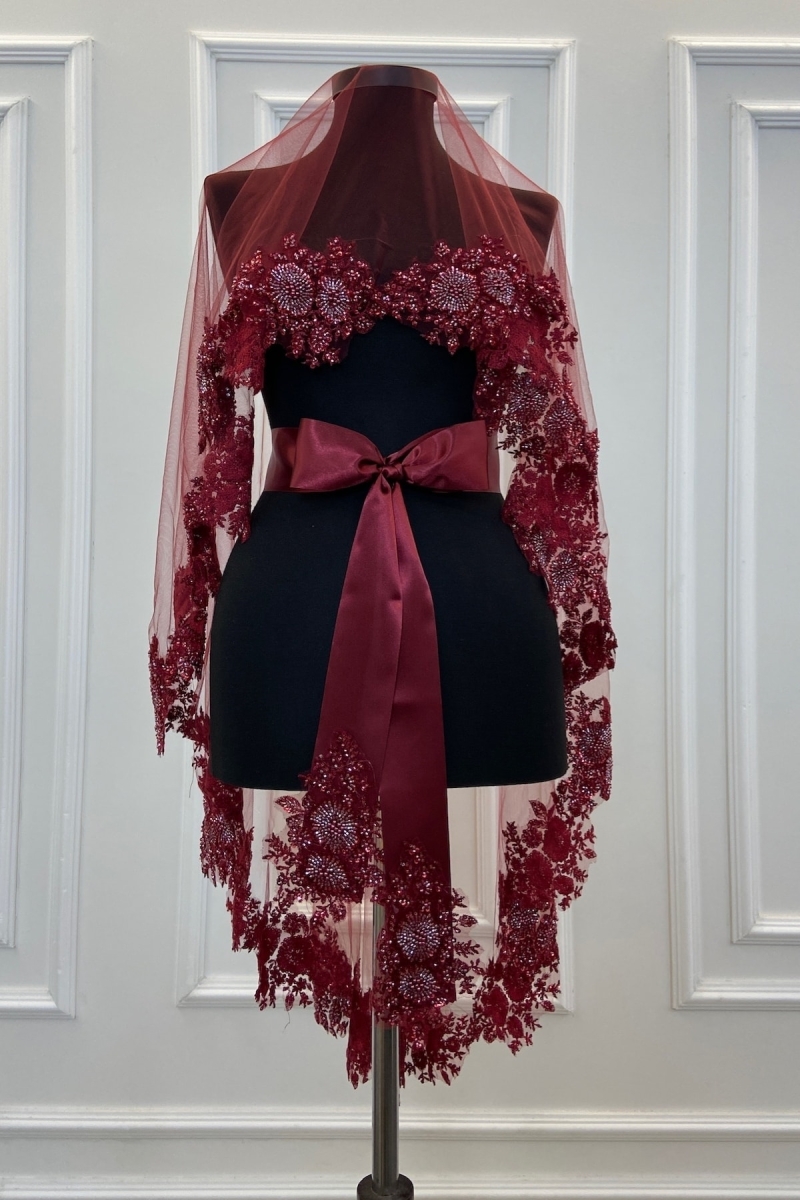 Bordo Vıp Deluxe Gelin Kına Duvağı Seti