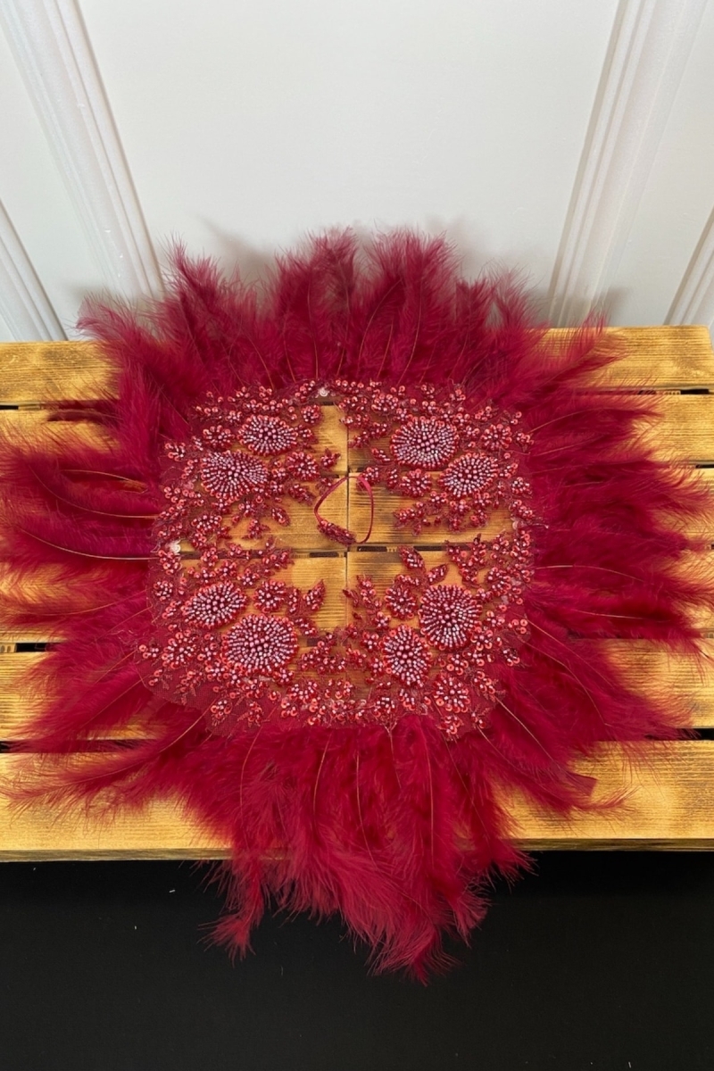 Bordo Vip Deluxe Gelin Mendili, Boncuk Inci Pul Detaylı Lüks Güpürlü