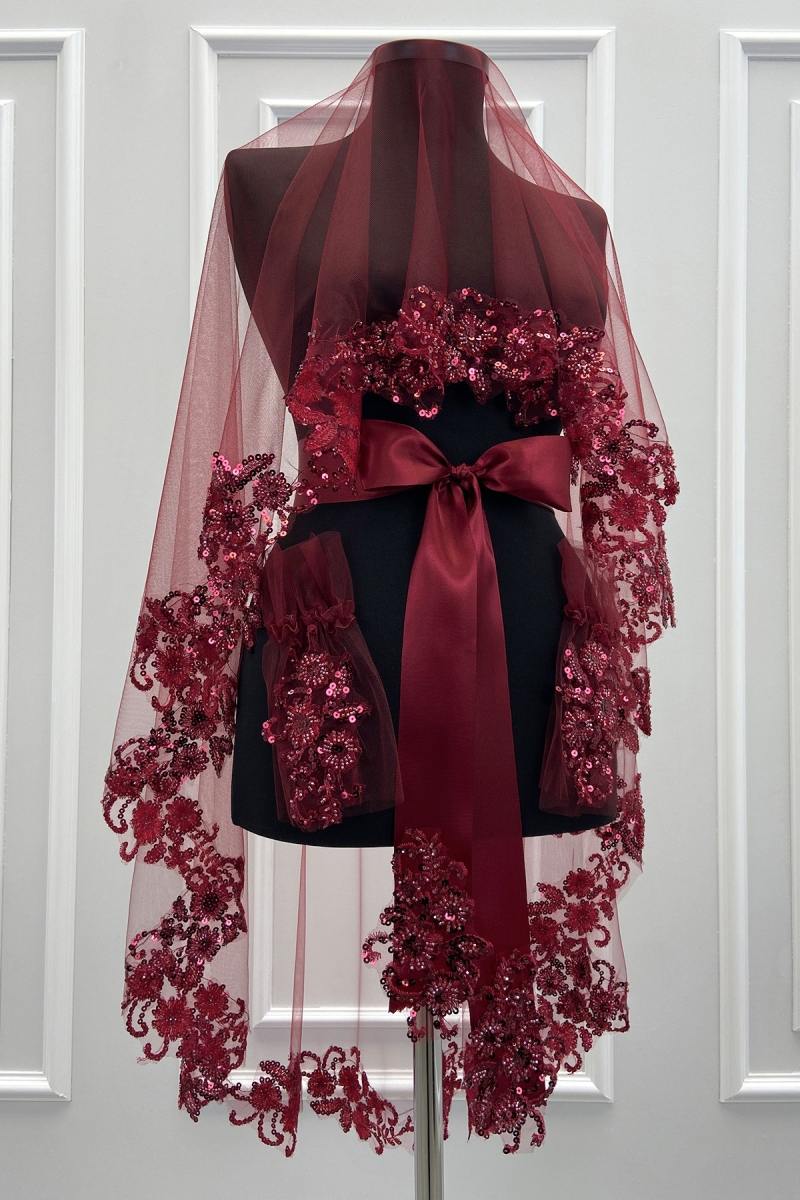 Bordo Vip Gelin Duvak Seti, Çiçek Güpürlü Cam Boncuk Inci Dikişli Kına Duvağı Örtüsü Seti 6 Parça