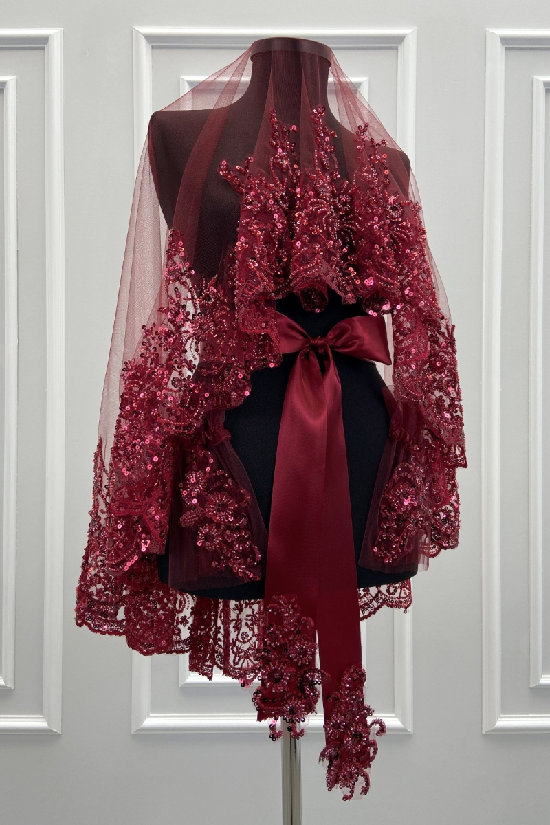 Bordo Vip Gelin Duvak Seti, Çiçek Güpürlü Cam Boncuk Inci Dikişli Kına Duvağı Örtüsü Seti 6 Parça