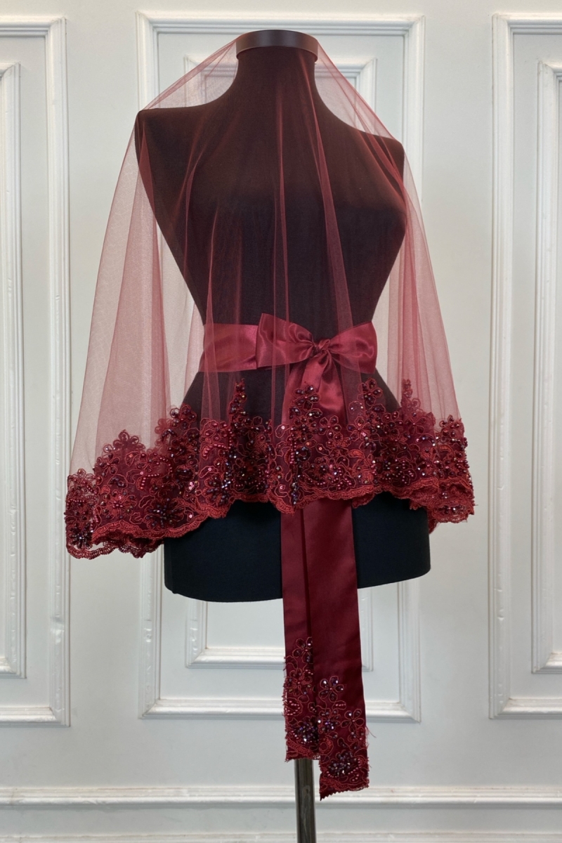 Bordo Vip Gelin Duvak Seti, Çiçek Güpürlü Cam Boncuk İnci Dikişli Kına Duvağı Örtüsü Seti