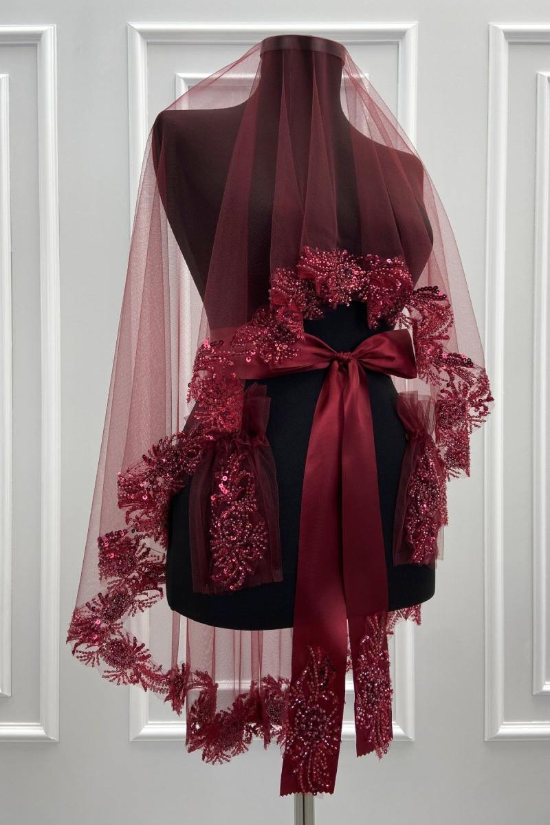 Bordo Vip Gelin Duvak Seti, Lüks Güpürlü Cam Boncuk Inci Dikişli Kına Duvağı Örtüsü Seti 6 Parça