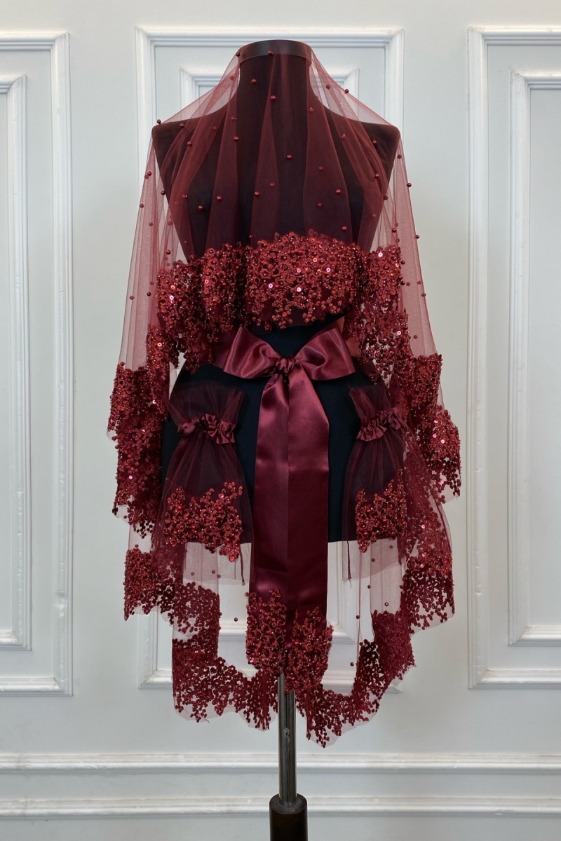 Bordo Vip Gelin Duvak Seti, Papatya Güpürlü Boncuklu Pullu Incili Kına Duvağı Seti 6 Parça