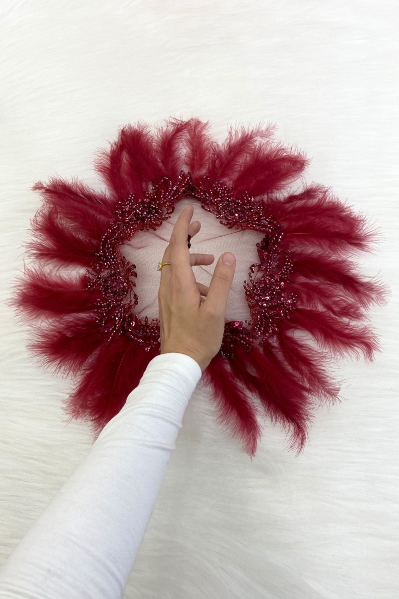 Bordo Vip Gelin Mendili, Boncuk İnci Pul Tüy Detaylı Lüks Aplikli Damat Düğün Kına Sünnet Nişan