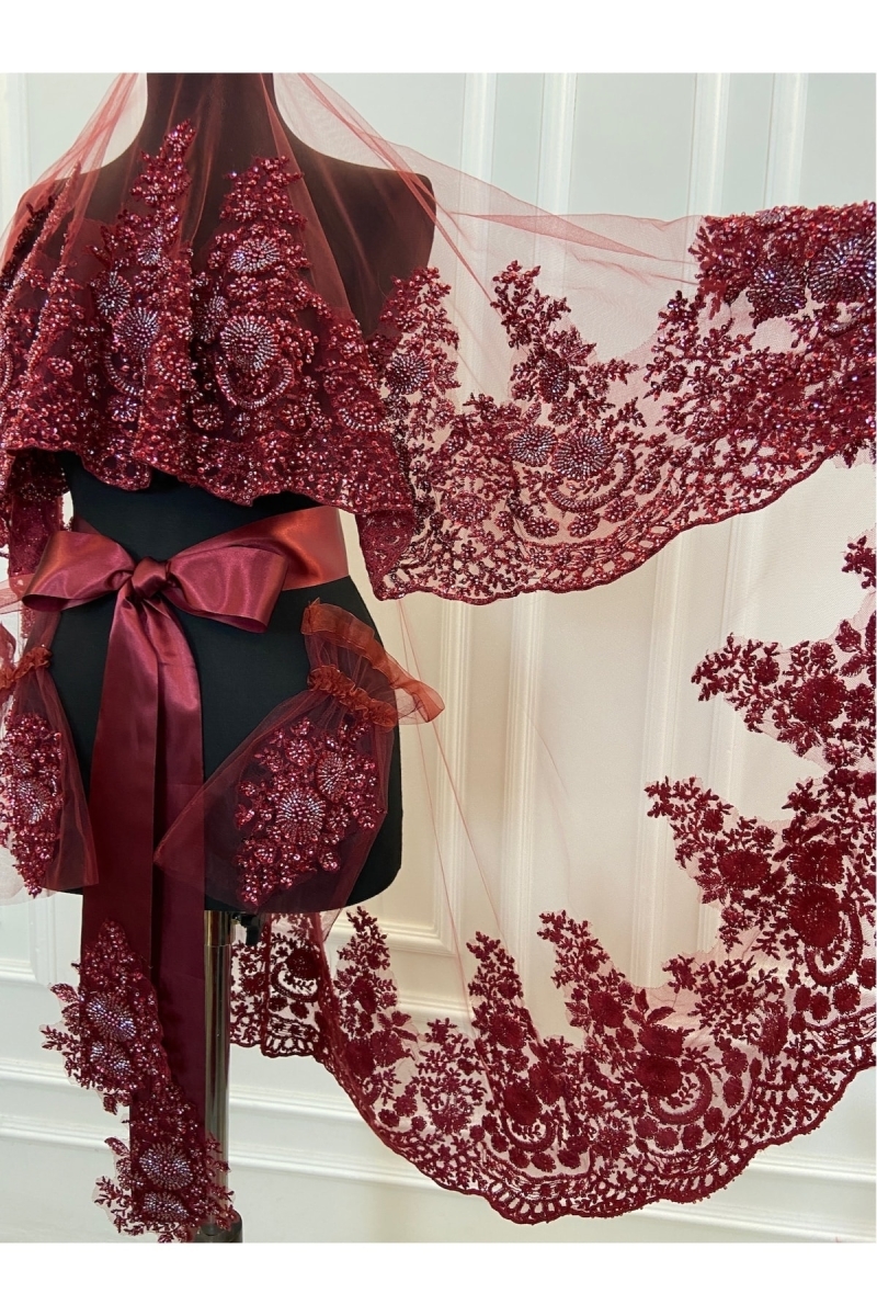 Bordo Vip Lüks Gelin Duvak Seti, Geniş Aplikli Kına Gecesi Duvağı 6 Parça Set