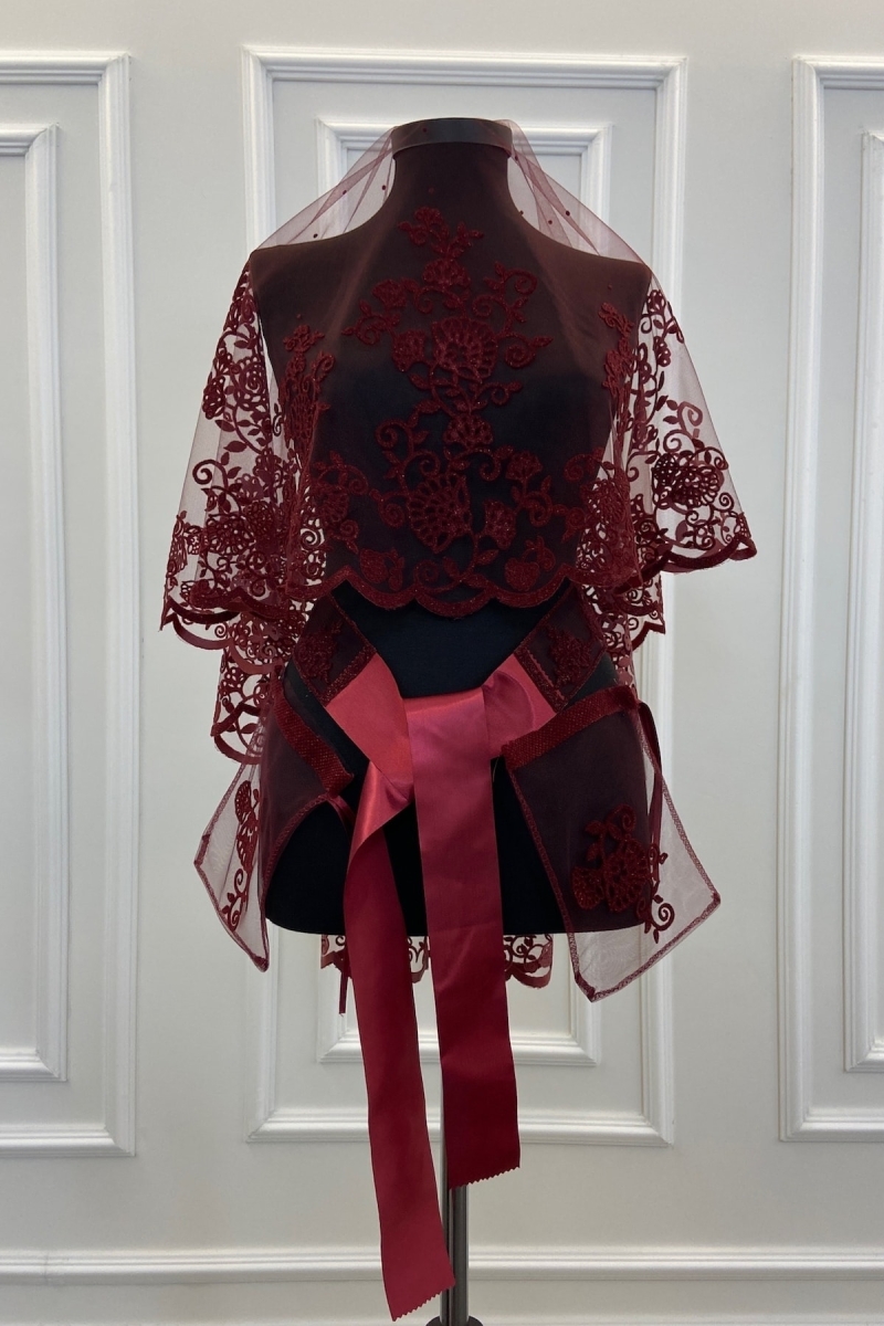 Bordo Yaprak Desenli Flok Baskı Simli Gelin Duvak Kuşak Eldiven Set