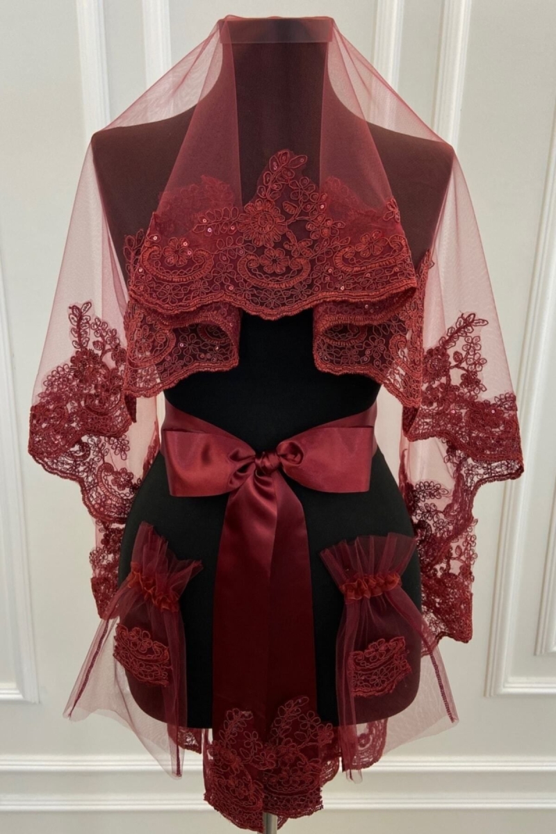 Bordo Zarif Desen Işıl Işıl Güpürlü Gelin Duvak Seti