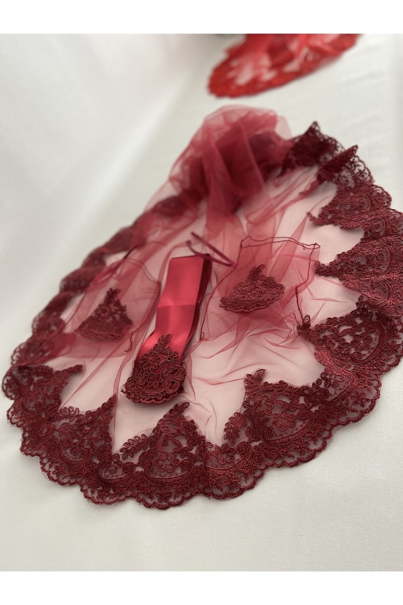 Bordo Zarif Güpürlü Gelin Duvak Kuşak Eldiven Tam Set Kına Gecesi Düğün