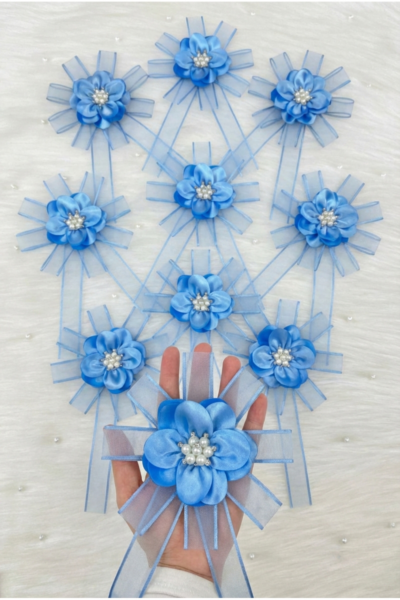 Broşlu Bebe Mavi Bohça Süsü Gelin Damat Çeyiz Düğün Nişan Konvoy Gelin Arabası Sünnet Kına Süs 5Adet