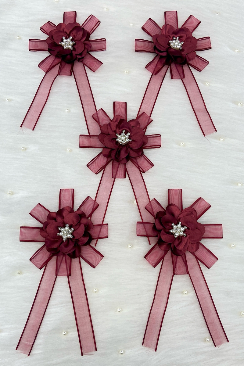 Broşlu Bordo Bohça Süsü, Gelin Damat Çeyiz Düğün Nişan Konvoy Gelin Arabası Sünnet Kına Süsü 5 Adet