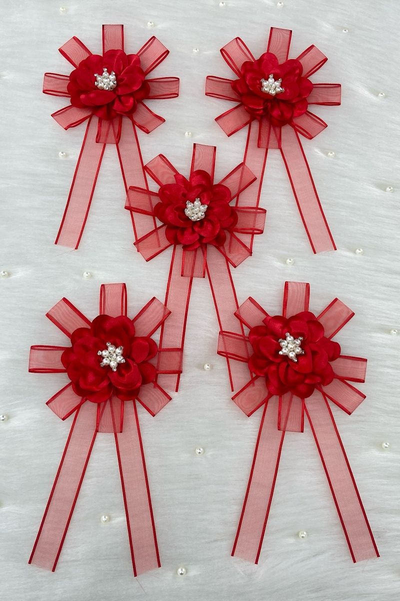 Broşlu Kırmızı Bohça Süsü, Gelin Damat Çeyiz Düğün Nişan Konvoy Gelin Arabası Sünnet Kına, 5 Adet