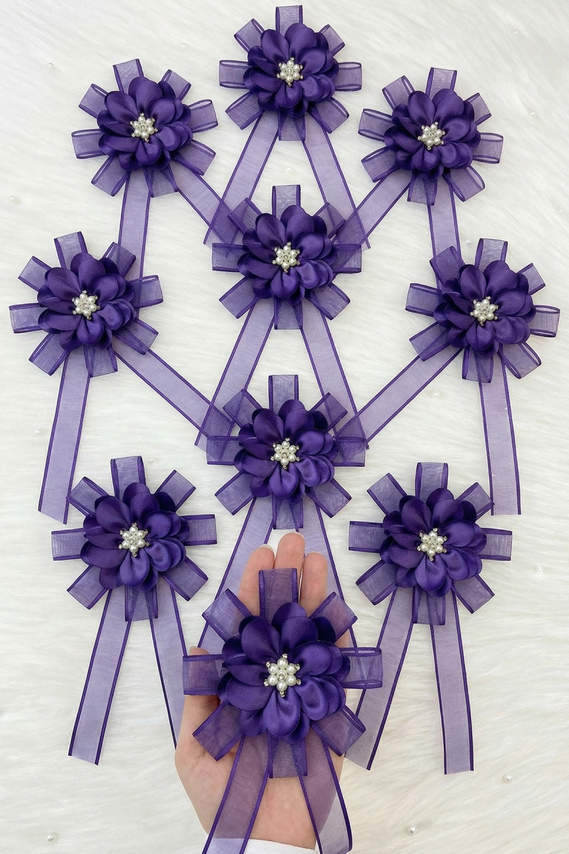 Broşlu Mor Bohça Süsü, Gelin Damat Çeyiz Düğün Nişan Konvoy Gelin Arabası Sünnet Kına Süs 1Adet