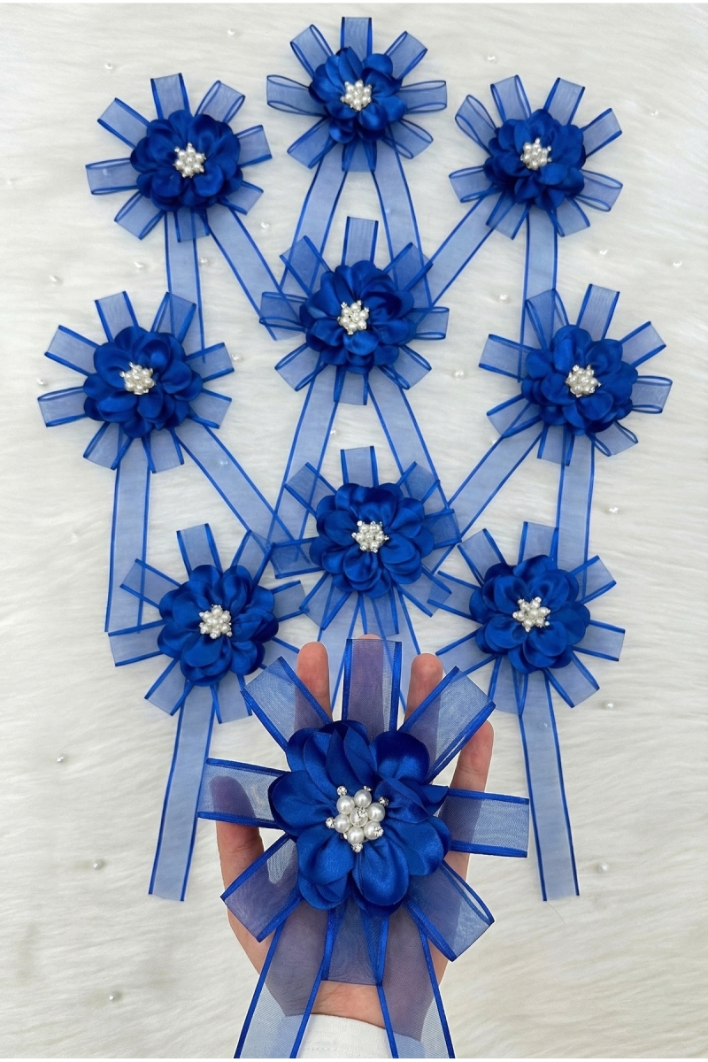 Broşlu Saks Mavi Bohça Süsü Gelin Damat Çeyiz Düğün Nişan Konvoy Gelin Arabası Sünnet Kına 5 Adet