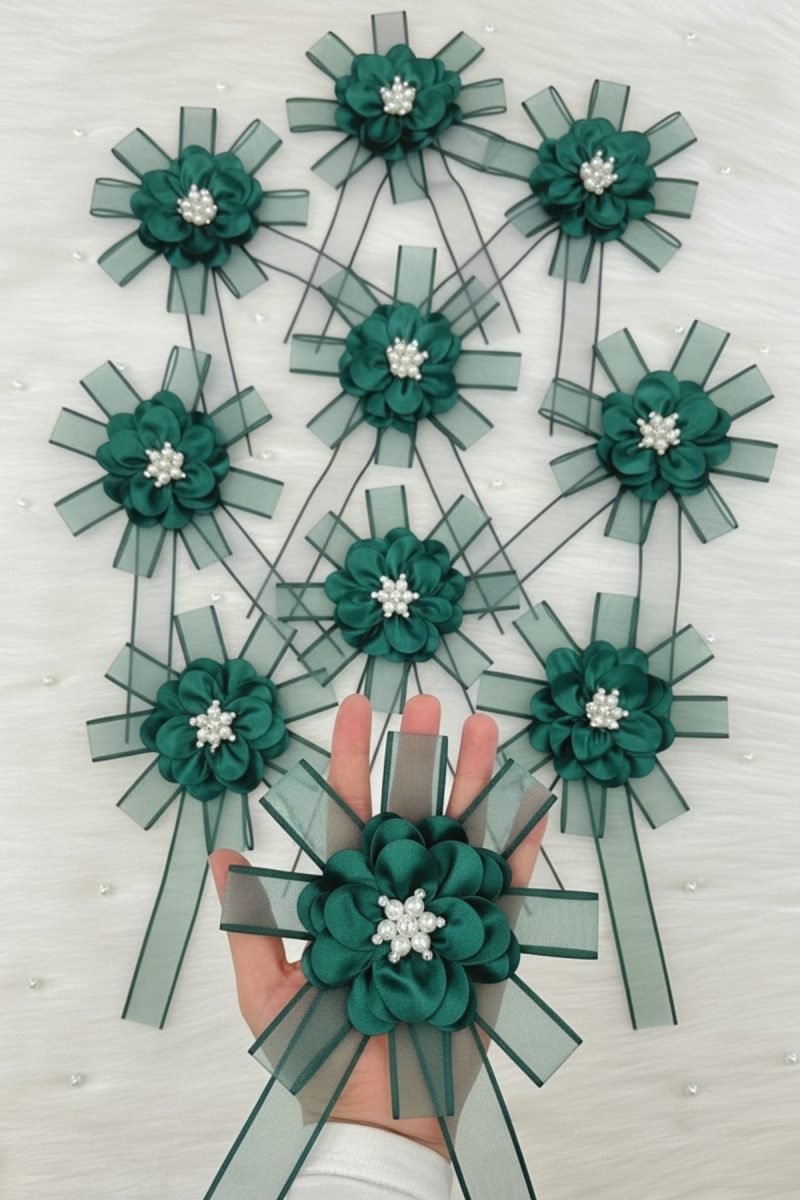 Broşlu Yeşil Bohça Süsü, Gelin Damat Çeyiz Düğün Nişan Konvoy Gelin Arabası Sünnet Kına Süs 1Adet