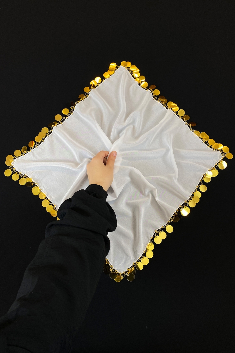 Büyük Boy Şifon Halay Mendili, 50x50cm Beyaz Gold 1 Adet, Gelin Damat Düğün Kına Sünnet Söz Bride